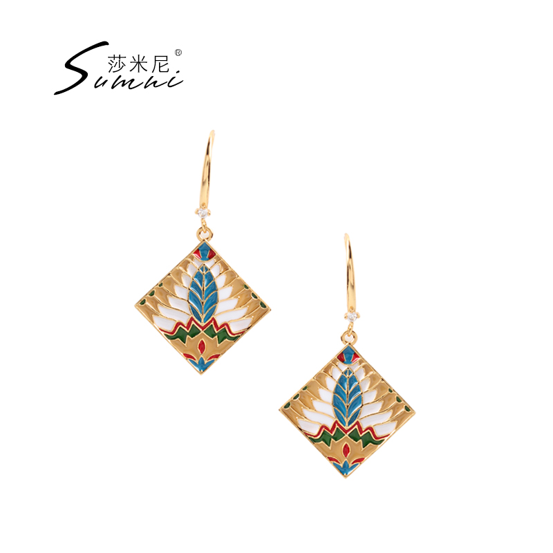 sumni Simini 18K bag gold enamel drop glaze Geometric Warm Tree Autumn Winter Fashion Tide Earrings-Taobao