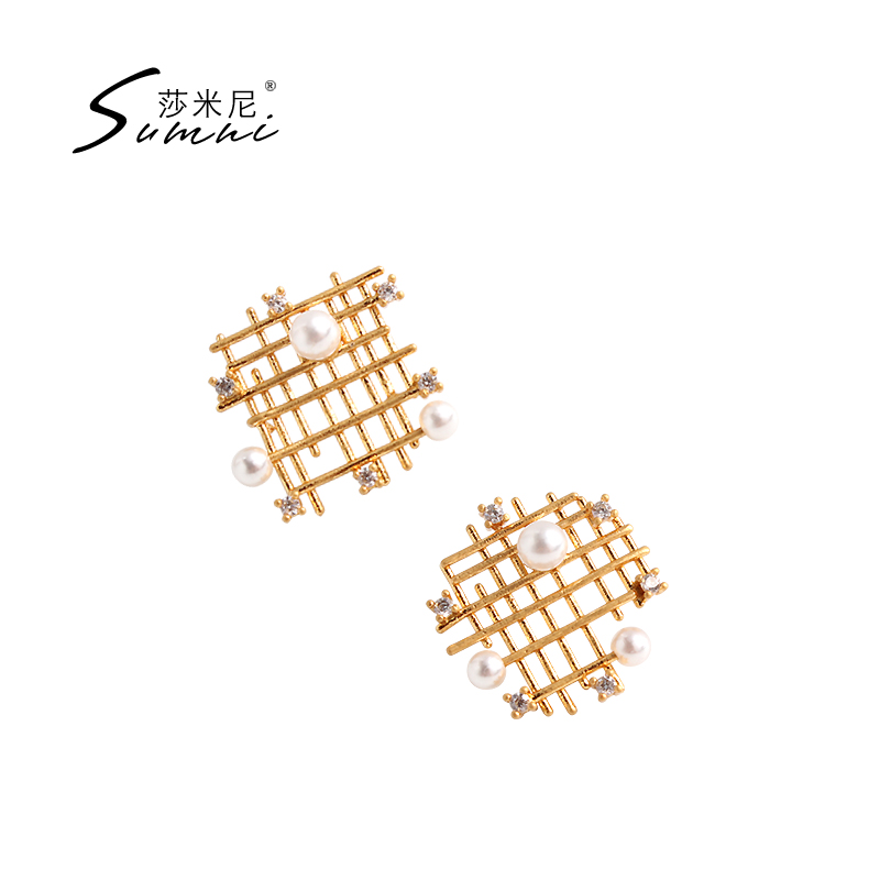 sumni shamini 18K gold 925 silver fashion mesh ear pin female asymmetric earrings personality temperament earrings