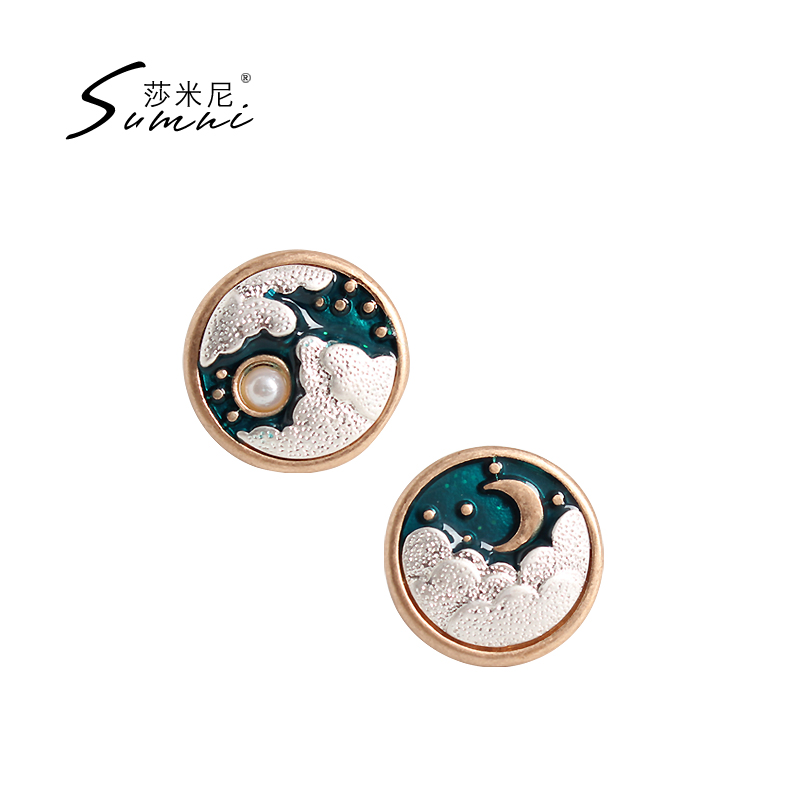 sumni Samini Yunkai Sun Moon 925 Silver Enamel Color Glaze Ear Acupuncture Female Chinese Style Asymmetric Personality Temperament