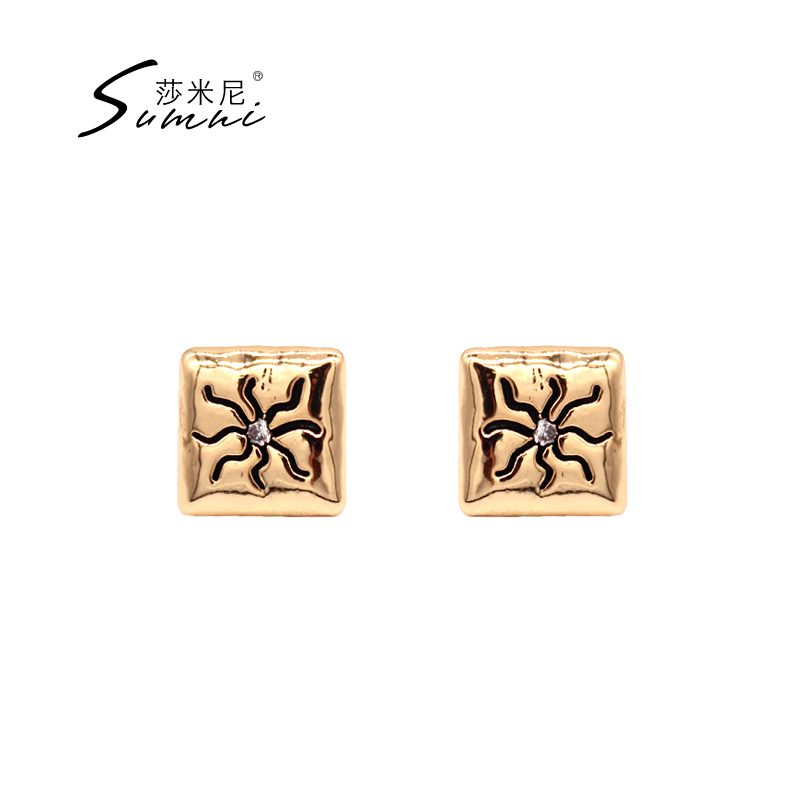 sumni Shamini European and American style ethnic pattern 18K gold 925 silver geometric square round ear pin female