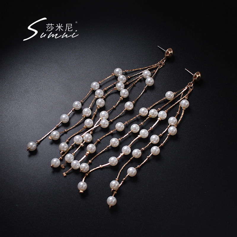 sumni pearl long earrings large temperament beautiful fashion earrings female electric comprehensive front gift instrument script