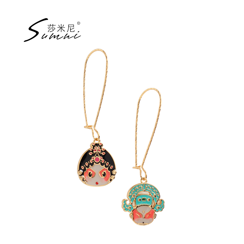 sumni Shamini winter asymmetric 18K gold Guofeng Peking opera Xiaosheng Huadan face mask enamel drop glaze earrings