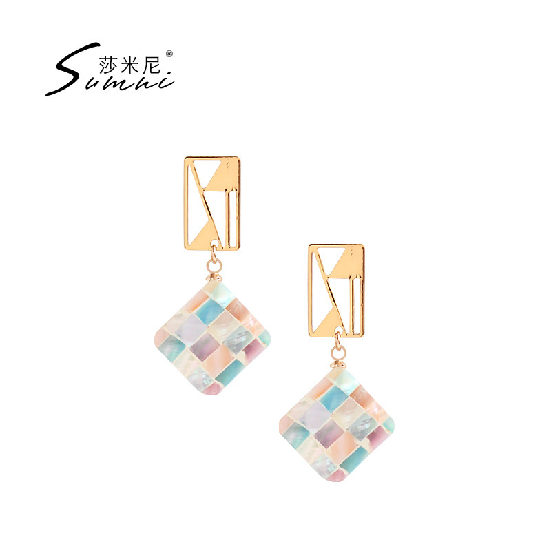 sumni shamini 18K gold 925 silver earrings earrings female color shell stitching geometric simple earrings trendy