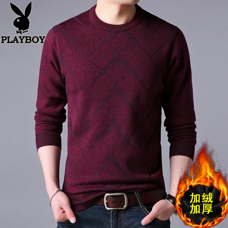 Playboy sweater men's winter plus velvet thick round neck warm top middle-aged men's red bottoming sweater