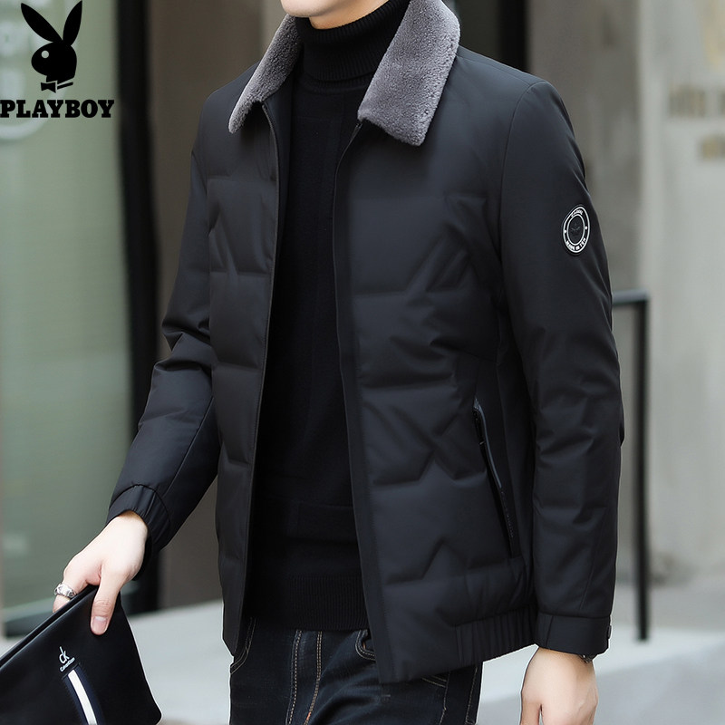 Flower Playboy Short version Down Down Clothes Men Business Casual Winter Woolen Collar Thickened warm jacket middle-aged men's clothing