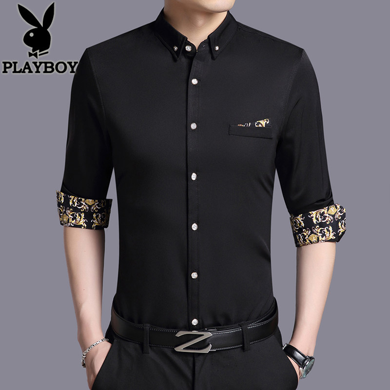 Floral Playboy shirt male long sleeve spring autumn men's printed casual black shirt Korean version swarm with thin blouses
