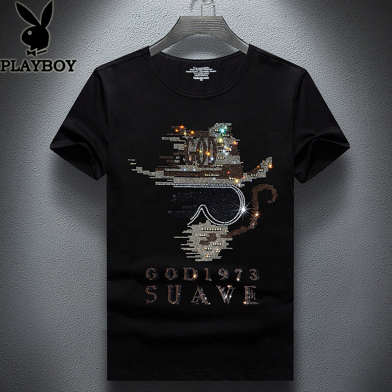 Playboy European and American hot drill short-sleeved T-shirt men's ice silk round neck large size black T-shirt bottoming shirt tide brand men's clothing