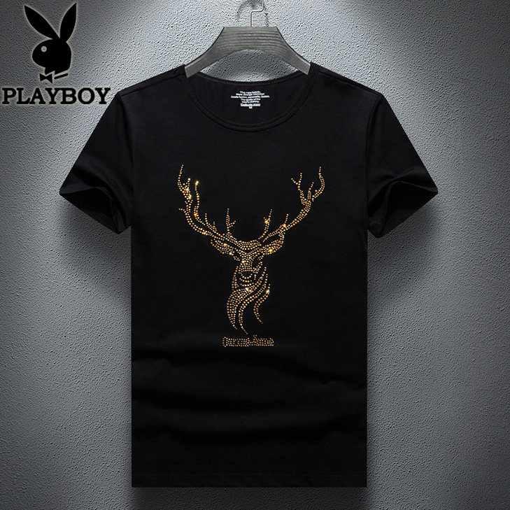 Flowers Playboy T-shirt Male short sleeve Summer round collar Korean version Tide Card Tide Hot drill men's big size clothes half sleeve shirt