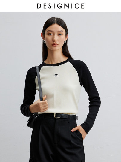 Disenis 2024 winter new commuter style design slim top with front shoulder slim cardigan round neck for women