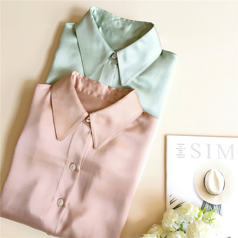 Cream Mousse Texture~ French Original Factory Fresh Morandi Solid Color Pointed Collar Sand-Washed Satin Heavy Silk Shirt
