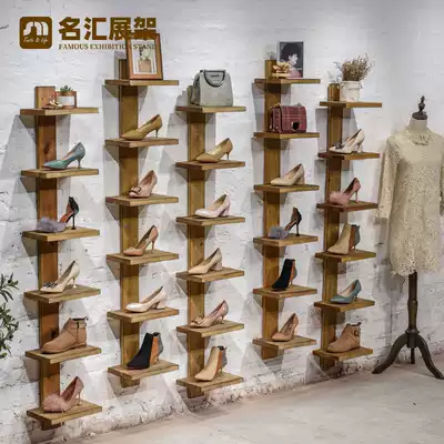 Retro clothing store shoe decoration display rack Solid wood bag rack wall storage display rack Wooden plant rack