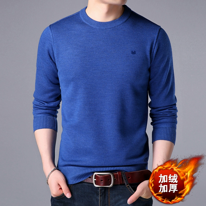 Đan 2018 thu đông nam áo len cashmere cổ tròn mới cộng với áo len nhung dày áo len trung niên màu tóc rắn áo sơ mi nam trung niên