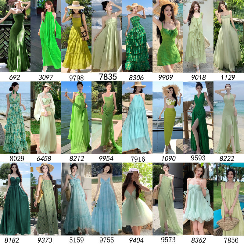 Summer New Style French Retro Avocado Green Dress Fairy-Like Loose Seaside Vacation Beach Long Dress Summer New Style French Retro Avocado Green Dress Fairy-Like Loose Seaside Vacation Beach Long Dress