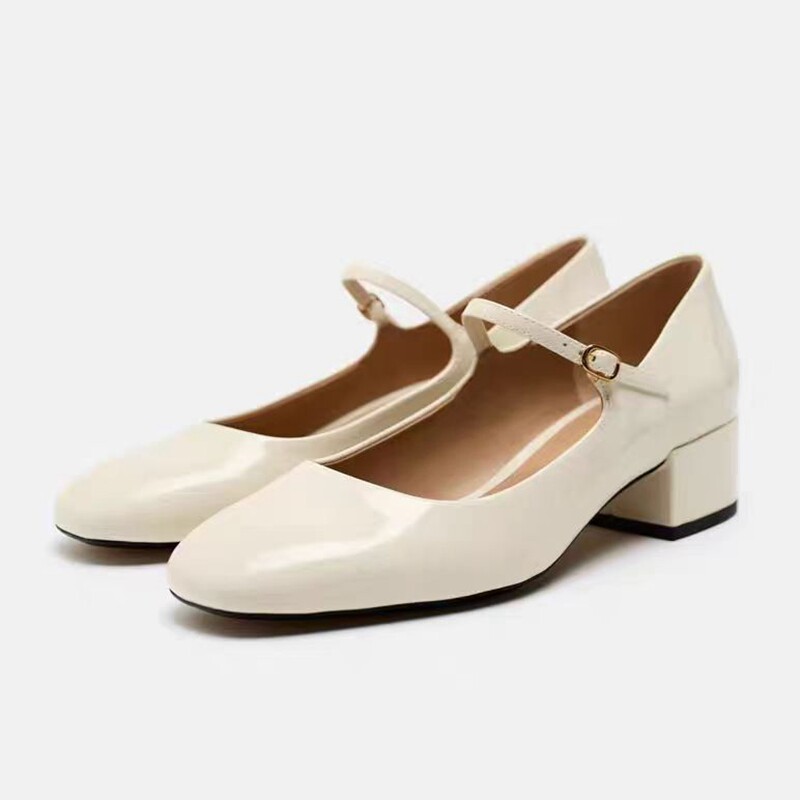 Туфли Мэри Джейн 西班牙2024春季新品方头浅口中空女鞋淡米色玛丽珍芭蕾风高跟凉鞋