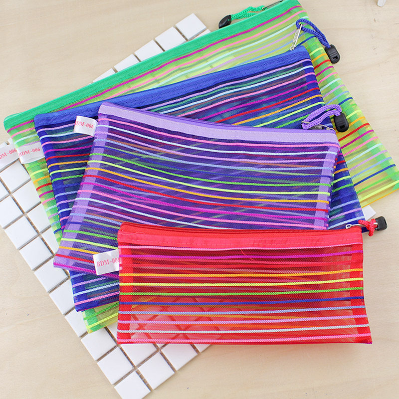 Wise Purchase Fashion Creative Rainbow File Bag A4 Pull Chain Bag Teenage Girl Hearts Lovely Day Ensemble Korea Korean Version Mesh Yarn Grid Transparent Students Stationery Pen Bag Bill Information Containing Bag A5 B5