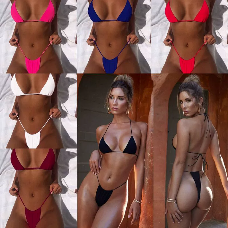 2019 Âu Mỹ mới bộ bikini màu ba điểm dây đeo lưng thong nhiều màu áo tắm xẻ tà sexy phụ nữ - Bikinis