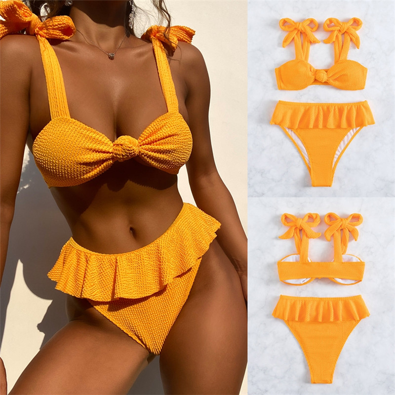 2022 new special fabrics tether Rope Butterfly Knot High Waist Bathing Suit Hem Dress Cute Beach Bikini Sexy Swimsuit-Taobao