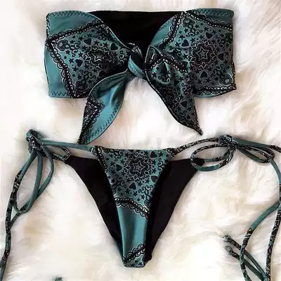 2018 vintage printed bikini new AliExpress chest knotted swimsuit women strap swimsuit European and American bikini