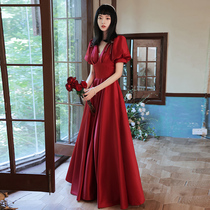 Toast bridal Wine Red Color Wedding Engagement Evening Dress Superior Sensness Dress Woman Temperament Autumn Winter Satin Long