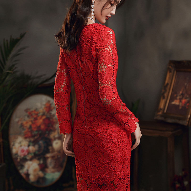 Toast to the bride 2021 new red lace dress Long version Temperament Long Sleeve Back Door Evening Gown Lady Spring Autumn