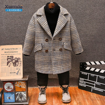 2021 Winter New lapel collar long woolen coat boy Joker double breasted casual plaid trench coat