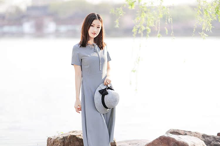 伶俐 chanh 11507 retro văn học dân gian phong cách dân gian của phụ nữ sọc dài ăn mặc phong cách Trung Quốc đầm xoắn eo cao cấp