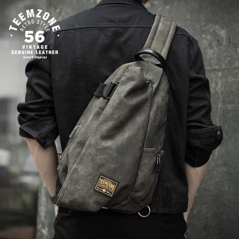 Skew Satchel men's single shoulder bag Chauded chest bag men's bag buns bag trendy casual canvas Han version Chest Front Men's Bag