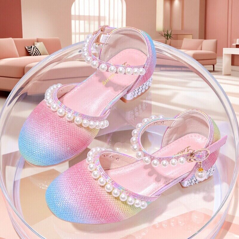 2026 New Summer Girls' Sandals with Rainbow Gradient, Pearl Chain, Small High Heels, Fairy-Style Soft-Soled Children's Princess Shoes