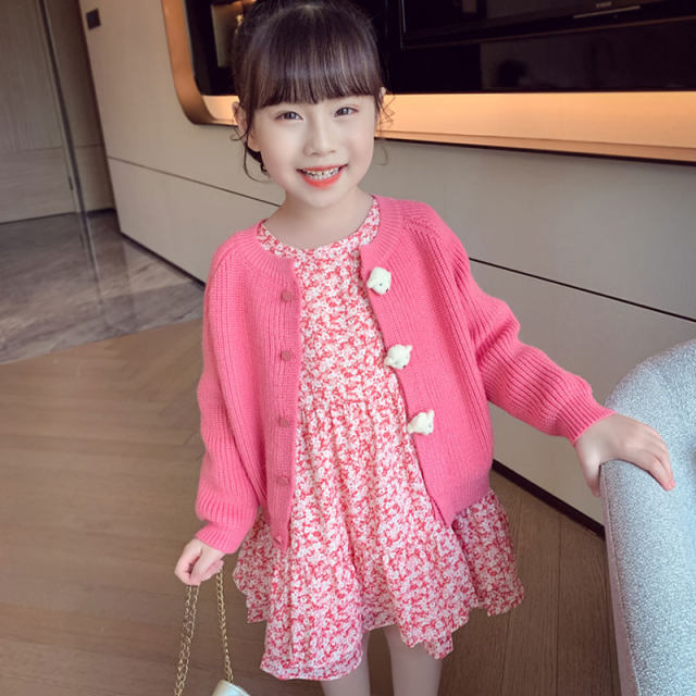 Girls spring, autumn and winter two-piece suit foreign style floral dress suit 2022 new girls knitted cardigan children