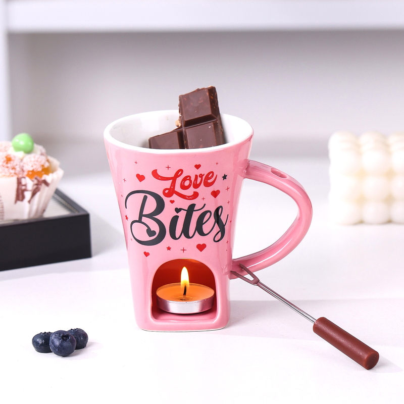 Pink Ceramic Mug, Chocolate Fondue Cup, Fork, Couple Style, Heart-Shaped with Romantic Atmosphere, Cup Pink Ceramic Mug, Chocolate Fondue Cup, Fork, Couple Style, Heart-Shaped with Romantic Atmosphere, Cup
