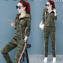 Autumn and winter padded velvet camouflage jacket fashion casual sportswear suit womens warm hoodie two-piece set