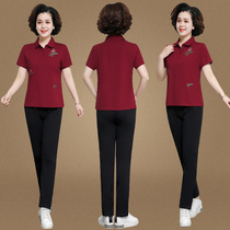 2021 summer lapel collar T-shirt embroidered leisure sports suit ladies middle-aged mother thin sportswear