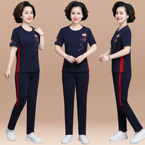 2021 summer embroidered round neck T-shirt middle-aged and elderly mother dress casual sports suit ladies thin sportswear