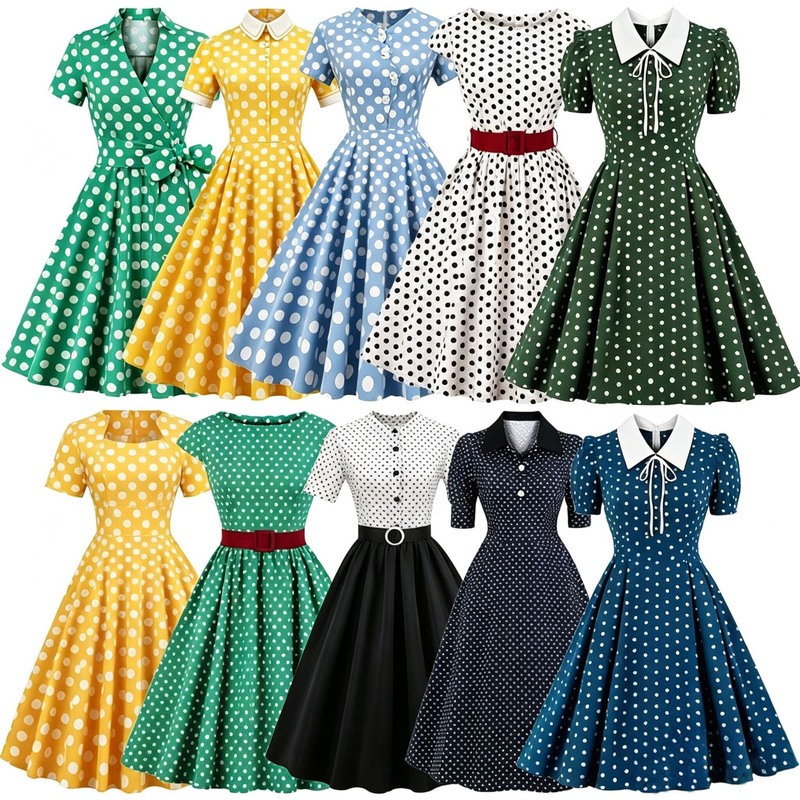 Retro Hepburn Hong Kong Style Design Polka-Dot Dress, Summer Mid-Length Dress with Large Hem, Waist Slimming and Elegant Skirt Retro Hepburn Hong Kong Style Design Polka-Dot Dress, Summer Mid-Length Dress with Large Hem, Waist Slimming and Elegant Skirt