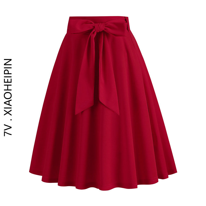 Retro Hong Kong Style Red Skirt, Summer Mid-Length Skirt for Small People, Slimming, Versatile, Gentle and Drapedy, Date Umbrella Skirt