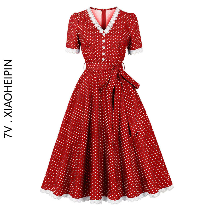 Hong Kong Style Retro Vintage Lace Polka Dot Dress French Waist-Cinching Elegant High-End Red Long Dress for Summer Hong Kong Style Retro Vintage Lace Polka Dot Dress French Waist-Cinching Elegant High-End Red Long Dress for Summer