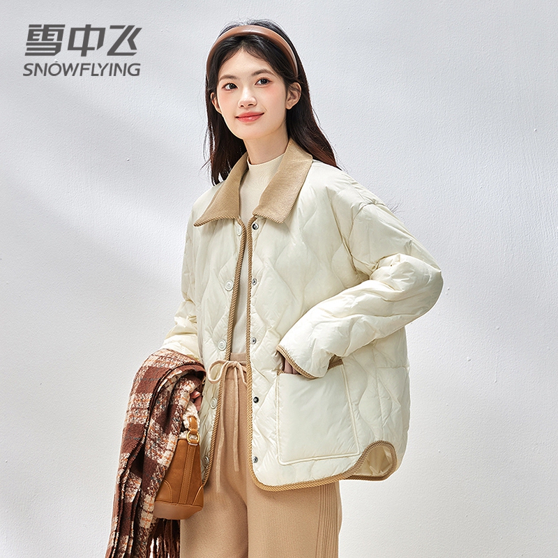 Xuezhongfei Lightweight down Jacket for Women, Short Style 2026 New Corduroy Shirt Collar, Petite Autumn and Winter Quilted Coat