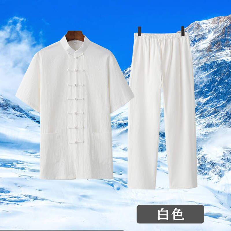 lanh cotton mỏng ngắn tay quần dài thiết nam gió của Trung Quốc Tang quần áo Han quần áo áo dài Gushi Zen lanh nửa tay áo