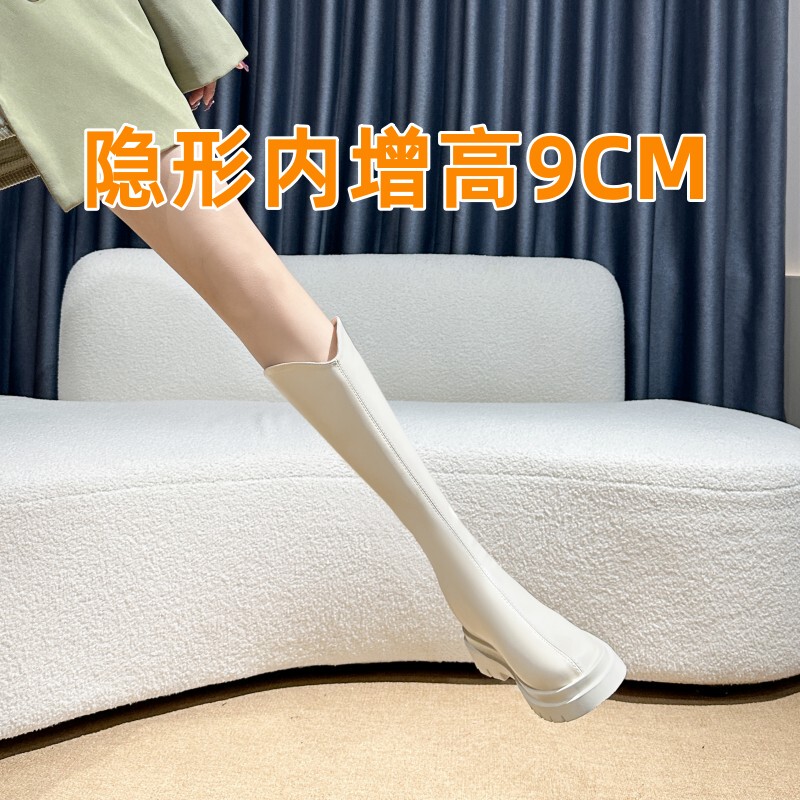 White Thick-Soled Mid-Calf Boots for Petite Women, 2026 Popular Style, Short Shaft Riding Boots with Hidden Height Increase, Spring and Autumn