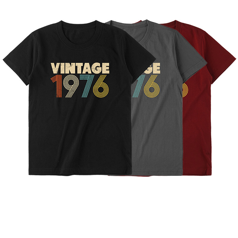 1976 Short-Sleeved T-Shirt American Retro Broken Letter and Number Print Unisex Casual 70S Vintage