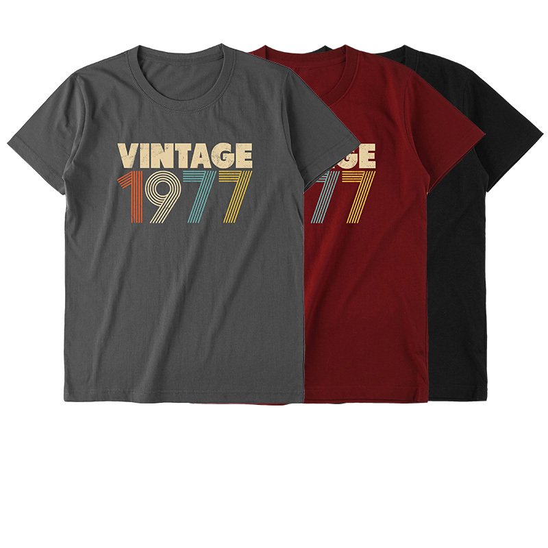 1977 Short-Sleeved T-Shirt American Retro Broken Letter and Number Print Unisex Casual 70S Vintage