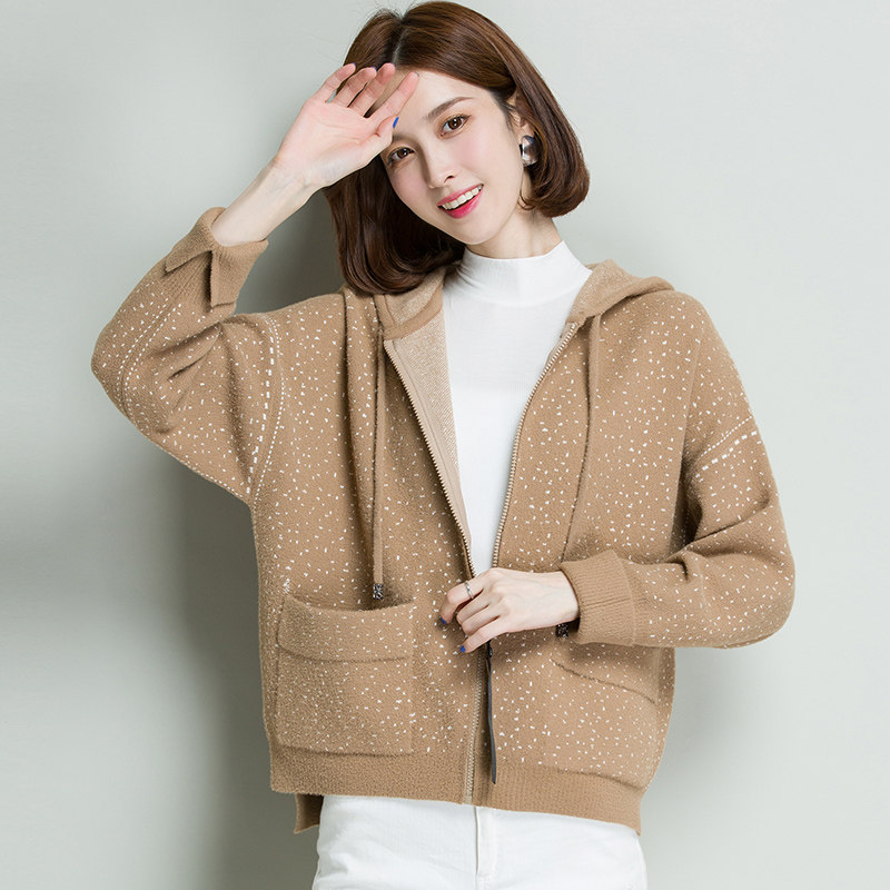 针织开衫女宽松短款毛衣外套连帽大码秋冬外搭2019新款卫衣韩版厚