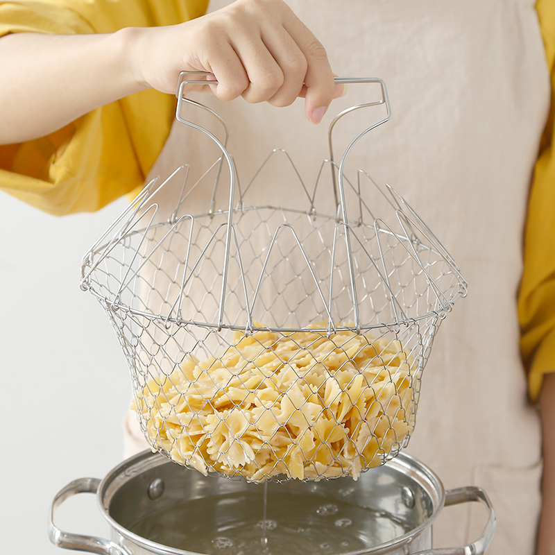 Fried Basket Stainless Steel Folding Fried Net Basket Round Telescopic Filter Oil Net Oil Bar Filter Wash Vegetable Drain Blue Cooking Basket