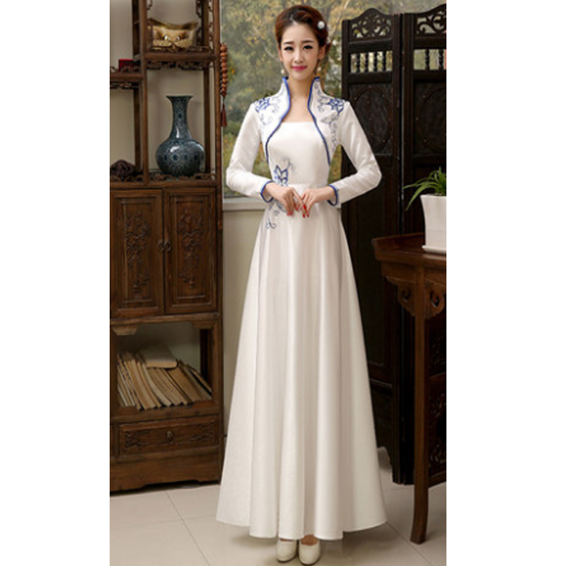 Blue and white long cheongsam, clothing, dress, genuine design suit, long sleeve, with sleeve, maxi length, party clothing