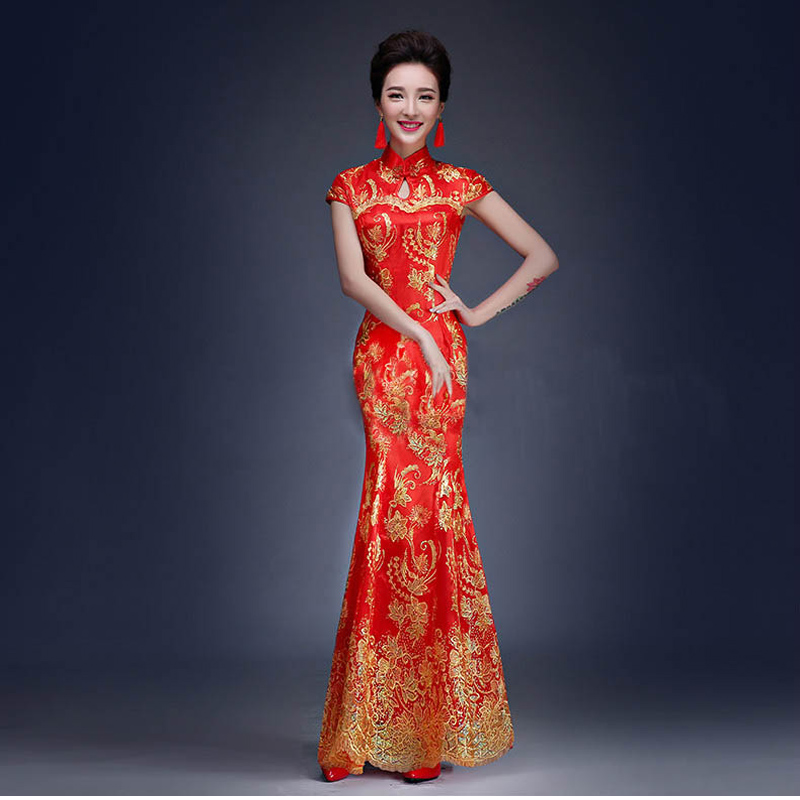 Long cheongsam, red evening dress, suit, maxi length Long cheongsam, red evening dress, suit, maxi length