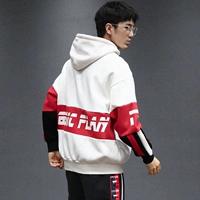 Macheda cộng với áo hoodie nhung mùa thu và mùa đông nam Nhật Bản áo thun lỏng retro ấm áp nhấn màu áo hoodie giản dị áo hoodie màu xanh dương