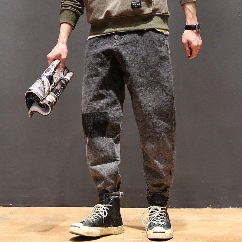 马切达秋冬日系复古水洗渐变牛仔裤潮流青年男士做旧宽松直筒裤子