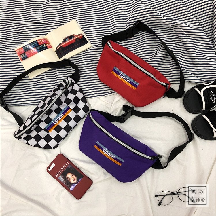 Tea party Japanese Harajuku chessboard plaid embroidery chest bag Hong Kong style couples pockets ins soil cool bungee messenger bag
