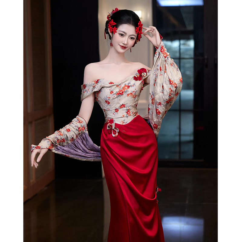 One-Shoulder Morning Gown for Women 2026 New Style High-End New Chinese Style Bridal Engagement Dress Burgundy Retro Toast Dress