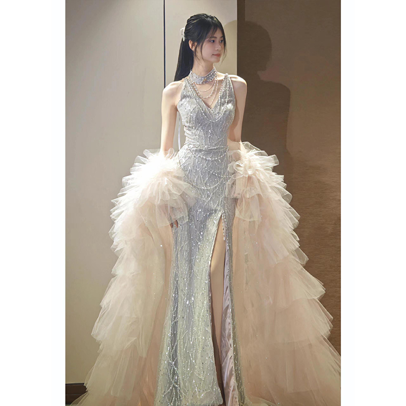 Banquet Evening Dress, High-End Halter Neck Coming-Of-Age Ceremony Princess Dress, High-End Light Luxury Bride Engagement Wedding Toast Dress